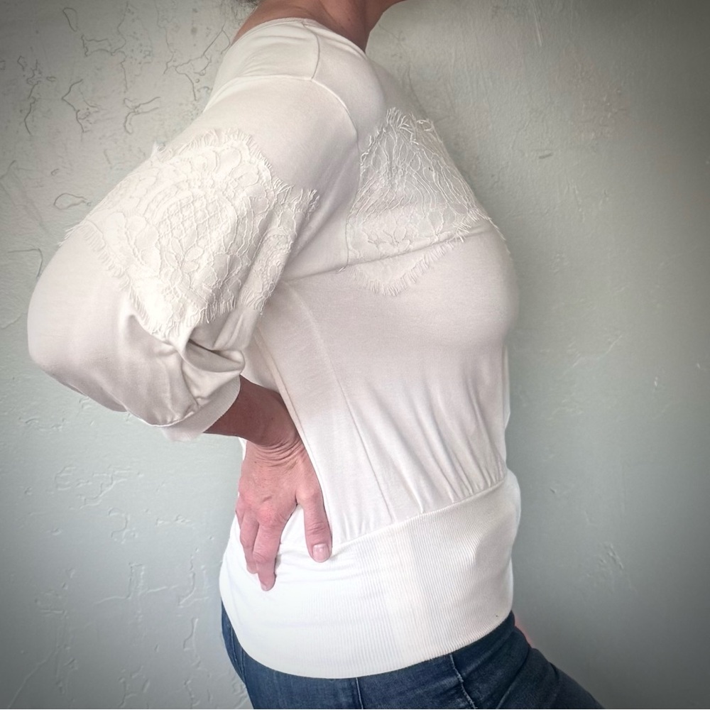 Express White-Cream Lace-Trim 3/4 Sleeve Top - Picture 2 of 7